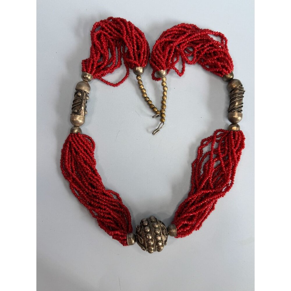 Vintage 1960s Tribal Red Coral Seed Beaded MultiStrand Necklace Oxidized Silver - Picture 2 of 8